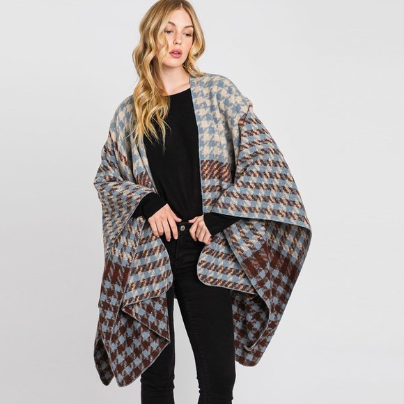 Houndstooth Patterned Ruana Poncho - Picture 1 of 2